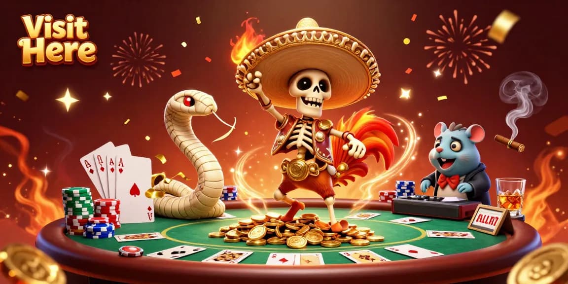 Experience festive casino vibes at Visit Here with dancing characters and vibrant poker elements.