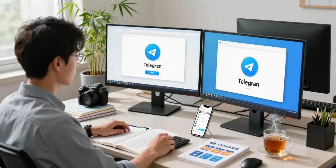 Engaging workspace using Telegram Chinese guide on dual monitors, showcasing modern language learning.