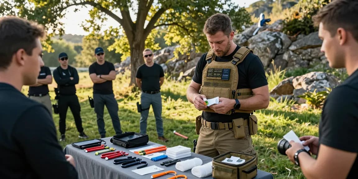 Small tactical medical pouch for belt displayed in an outdoor training scene illustrating its practical use.