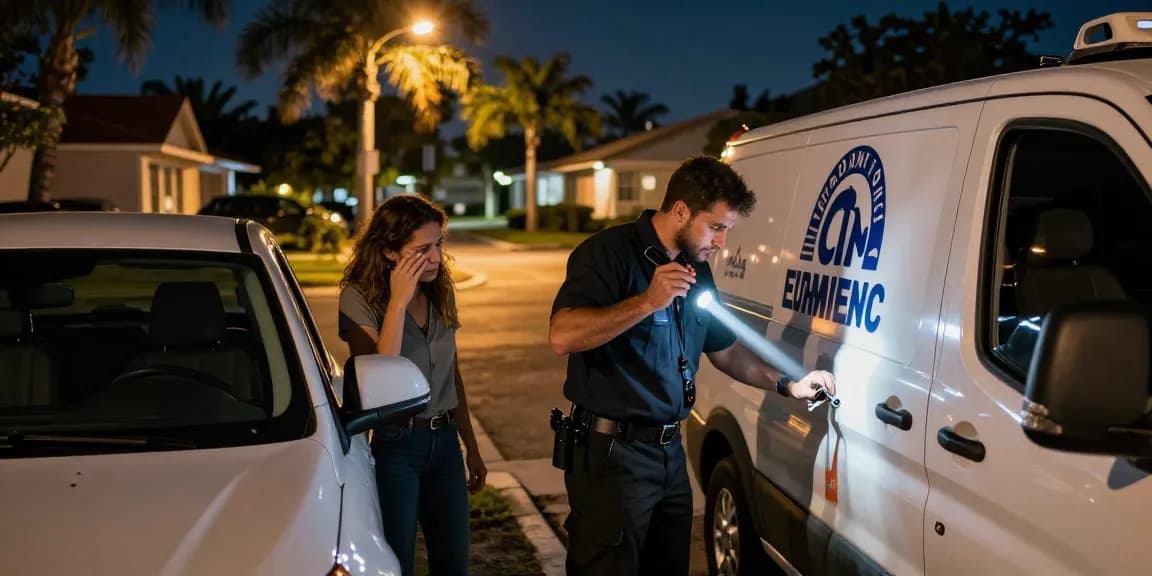 Emergency locksmith Fort Lauderdale helps a distressed car owner, showcasing professional service under streetlights.