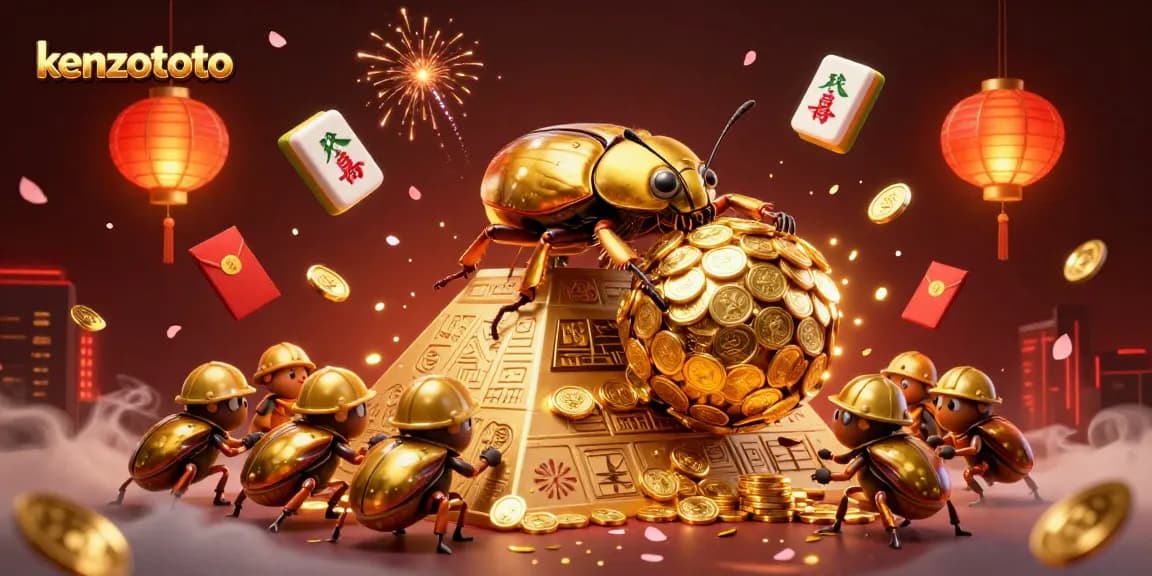 Kenzototo features a golden dung beetle rolling a ball of coins, surrounded by vibrant gambling elements, showcasing online lottery excitement.