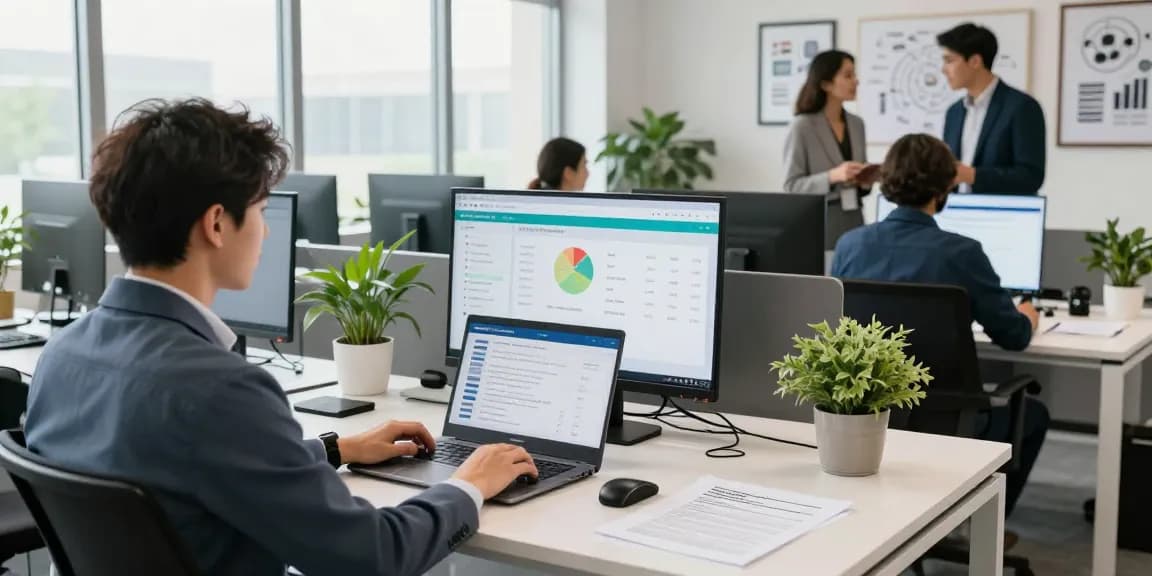 Implementing an age verification system in a modern business office with analytics on screen.
