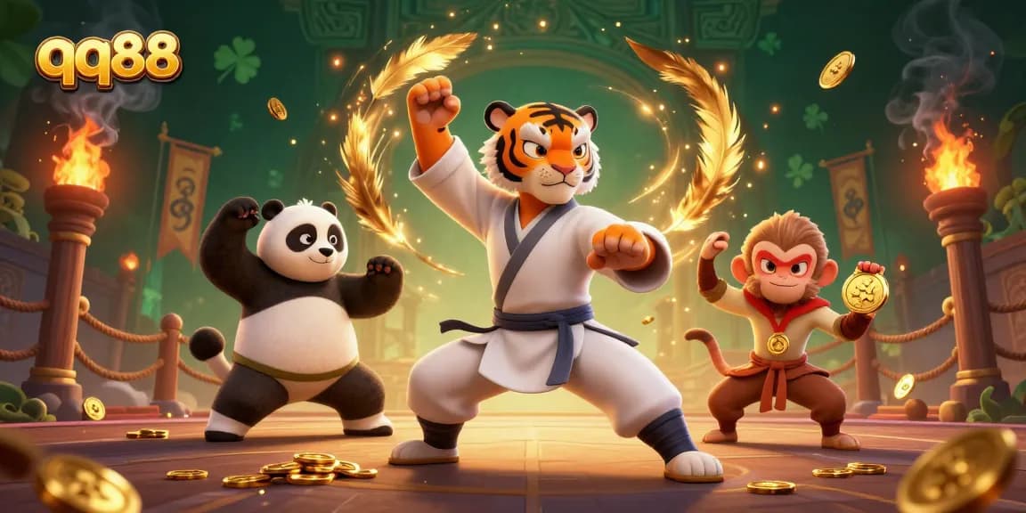 Experience thrilling moments at qq88, featuring a kung fu master, golden coins, and mystical elements of gambling.