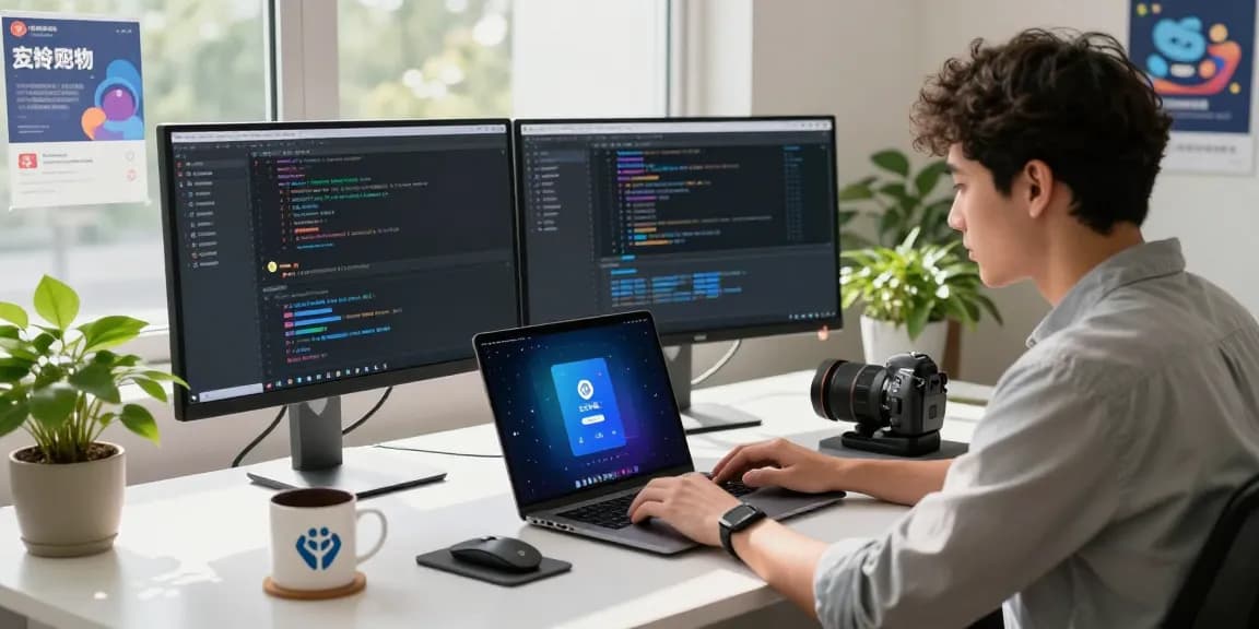 Downloading the 纸飞机中文版 app in a modern tech workspace with dual monitors and stylish decor.
