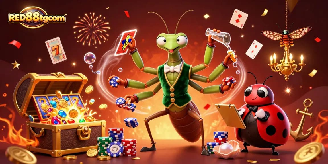 Engage in exciting slots at RED88tgcom with a vibrant 3D casino scene featuring playful characters.