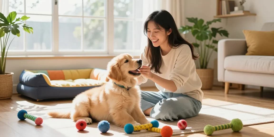 Engaging moment with a golden retriever puppy and owner showcasing joy in rokok88 pet care.