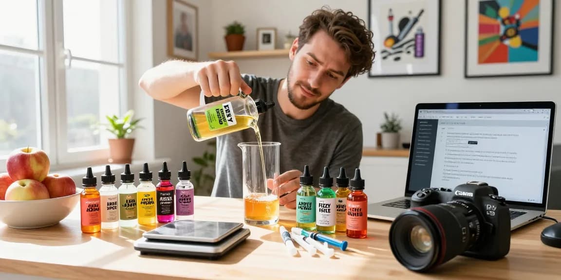 Mixing Fizzy Apple Flavour Concentrate by Fizziology in a bright workspace, surrounded by colorful e-liquid tools.