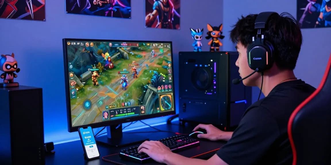 Mobile Legends top up scene with a gamer using GCash on smartphone in a vibrant gaming setup