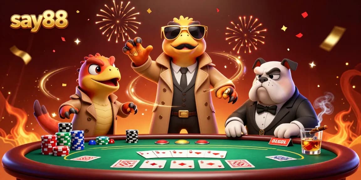 Experience the excitement of say88 with raptors in a trench coat attempting VIP casino entry amidst poker action.