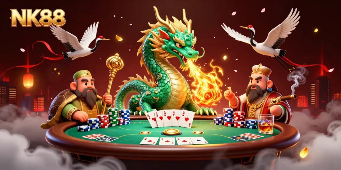 Engage in thrilling gameplay at NK88 with a jade dragon, poker table, and lucky cranes.