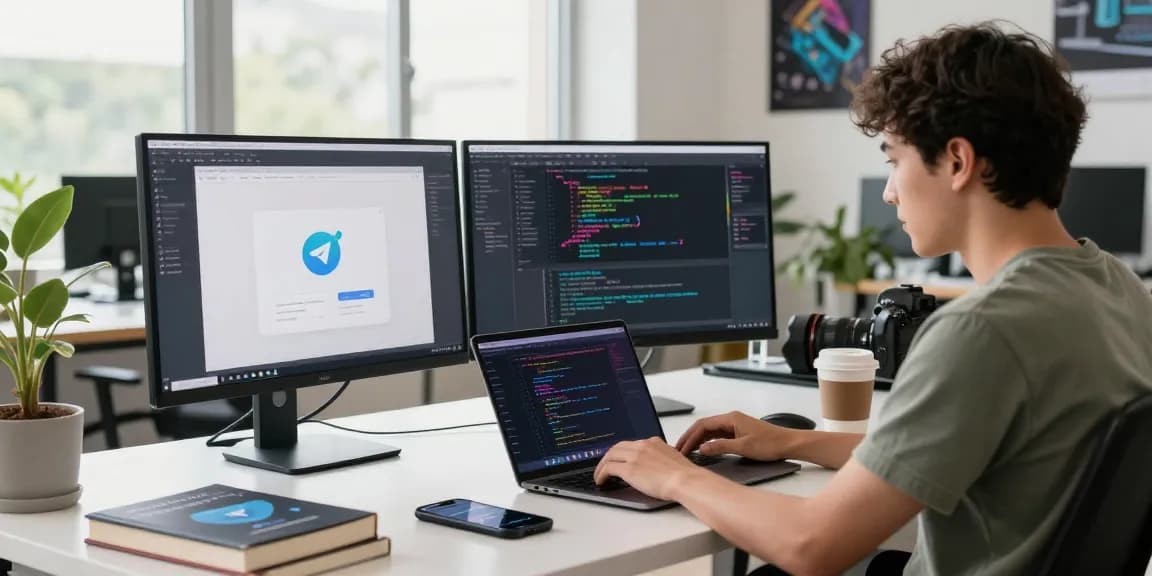 Developer installing Telegram Chinese apk on multiple screens in a modern tech workspace.