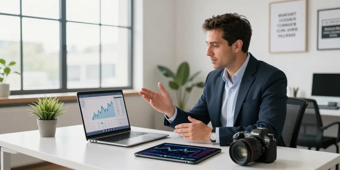 Nathan Garries on a video call, showcasing financial graphs and strategies in a bright office.
