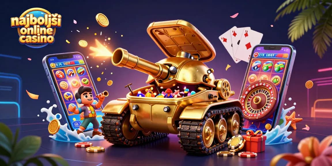 Najboljši online casino z 3D ilustracijo masivnega zlatega tankovskega hrošča, ki razkriva mini casino.