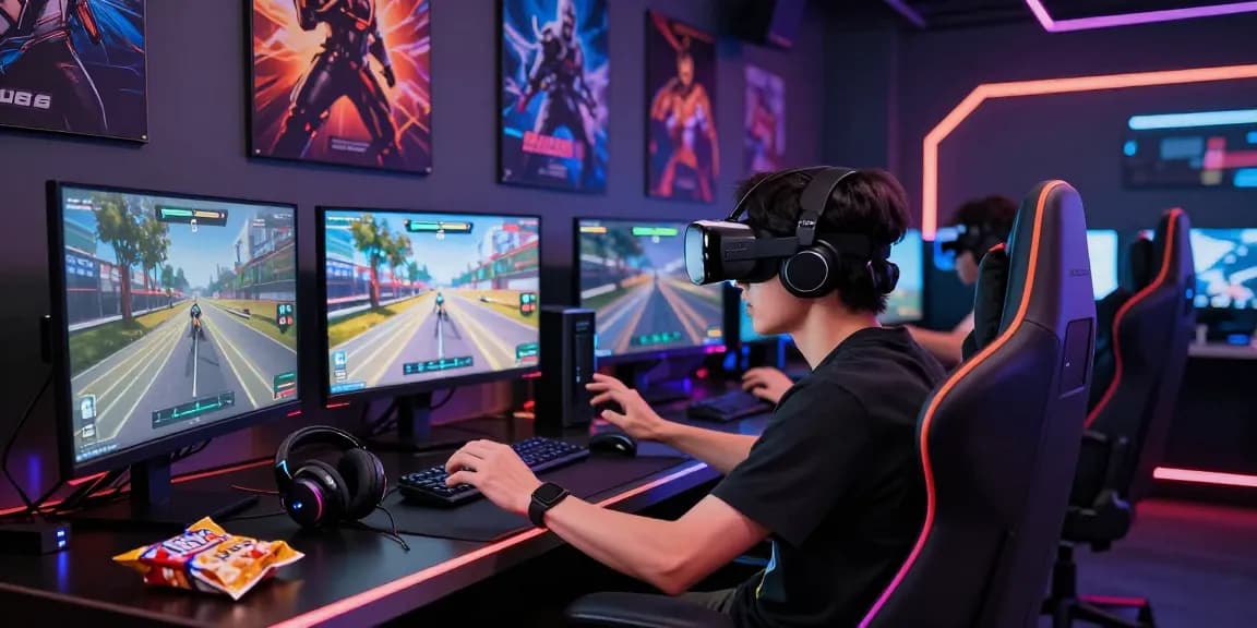 Engaged gamer playing PAKDE4D on VR headset in a colorful gaming environment.
