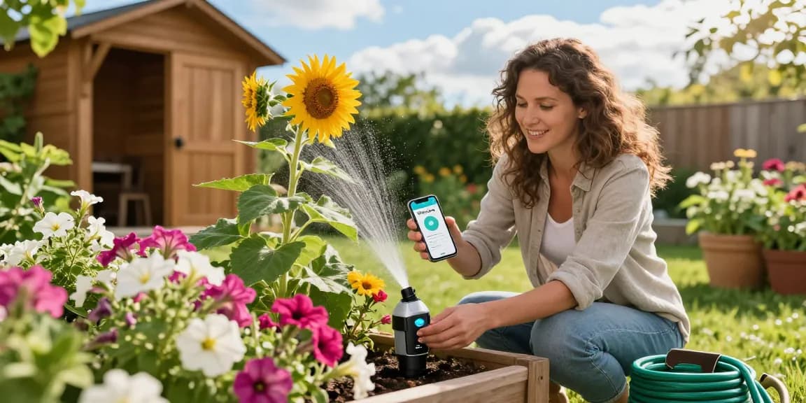 Homeowner using the RainPoint WiFi water timer to manage a vibrant garden efficiently.