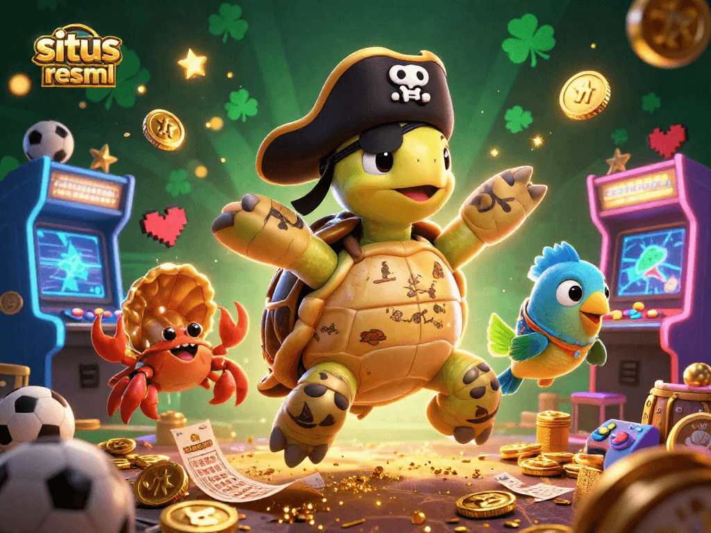 Engage with situs resmi as a vibrant sports betting scene unfolds, highlighting a pirate turtle and friends surrounded by dynamic betting elements.