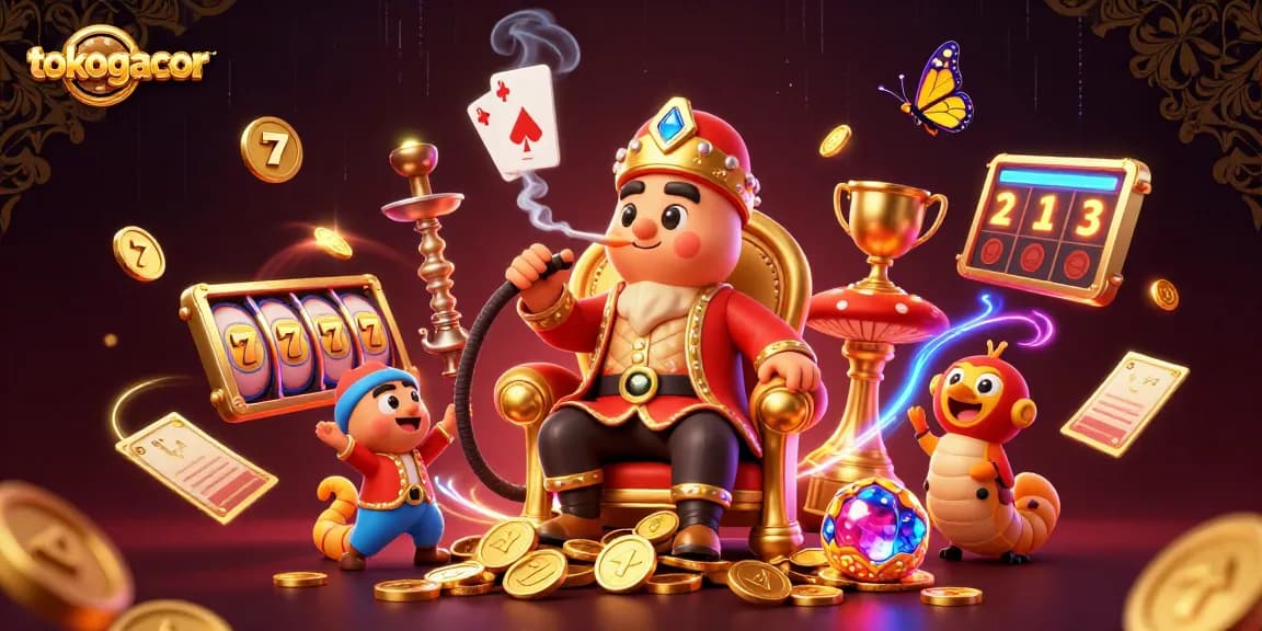 Visualisasi tokogacor yang menampilkan mesin slot, piala emas, dan simbol keberuntungan lainnya.