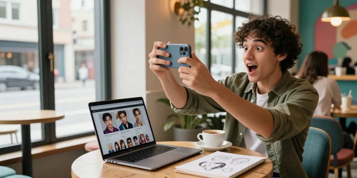 Person excitedly discovering celebrities that look alike while taking a selfie in trendy café setting.