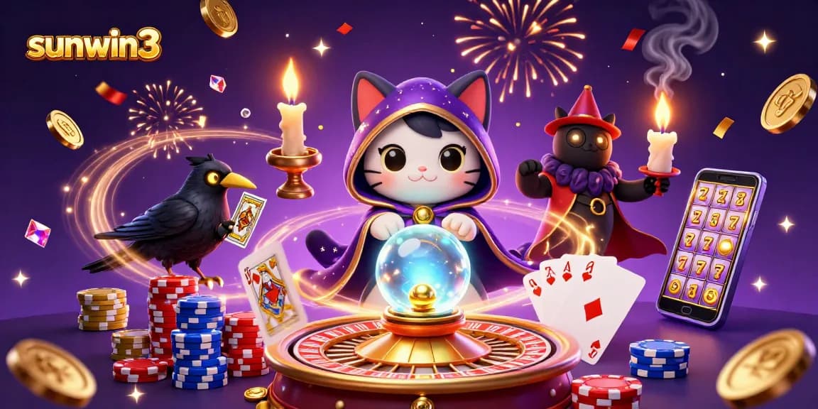 Experience thrilling excitement at sunwin3 with a mystical cat, tarot raven, and festive casino elements.