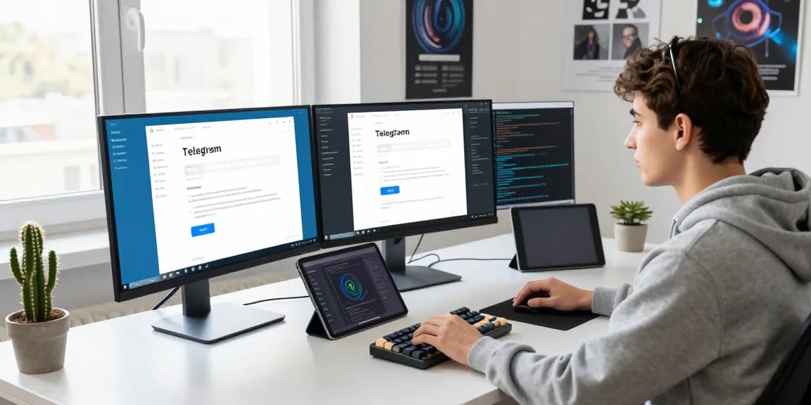 Developer using 纸飞机中文版 on multiple monitors in a modern tech workspace