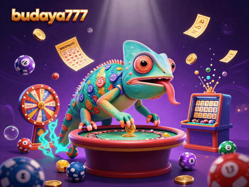 Budaya777 meriah dengan chameleon kasino dan bola lotere berwarna-warni yang melompat dinamis.