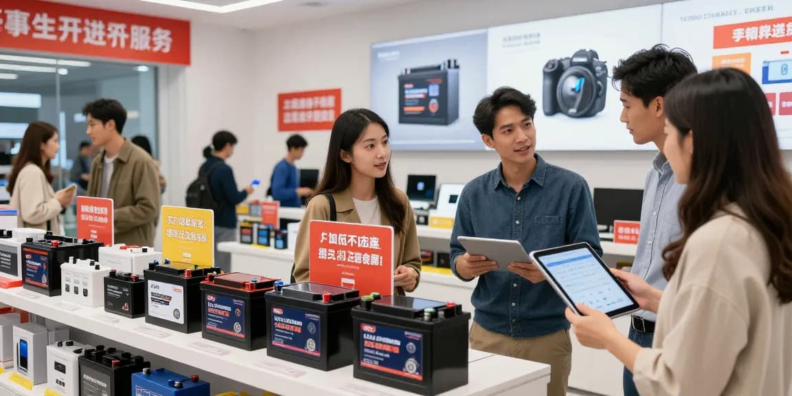 Customers exploring 12V Lithium Battery options in a vibrant retail setting with promotional displays.