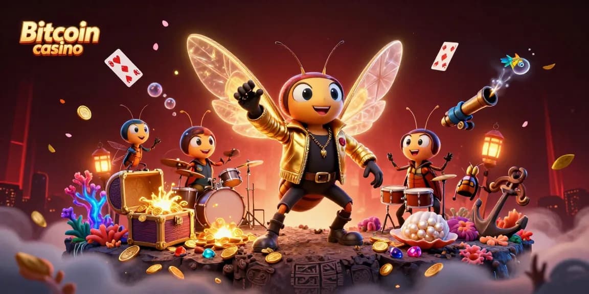 Gagnez des jackpots au casino Bitcoin avec une scène animée de rock stars et de trésors marins.