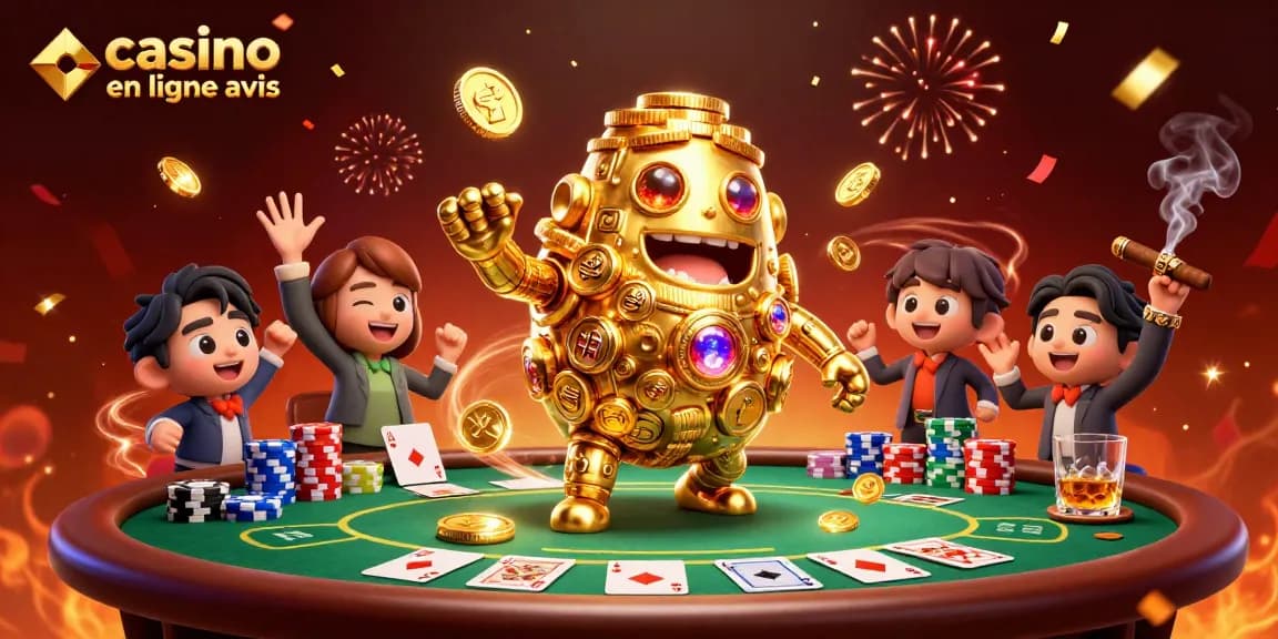 Profitez de l'avis sur le casino en ligne avec notre illustration de golem doré et éléments de poker.