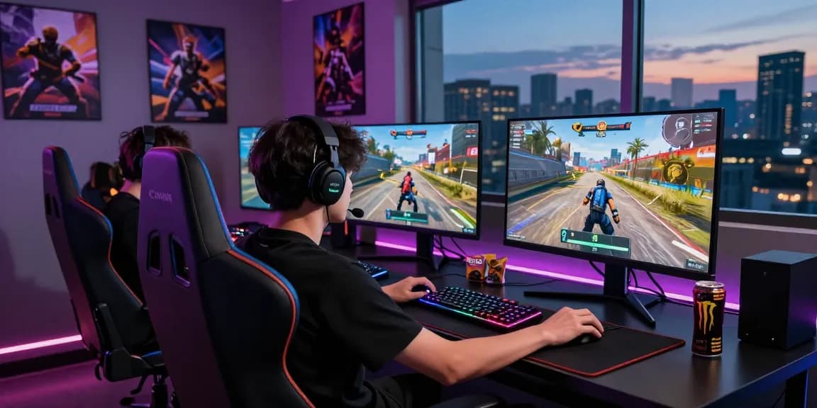 Competitive gaming setup with PROOFCORE branding, featuring intense PUBG gameplay and an ergonomic chair in an energized environment.