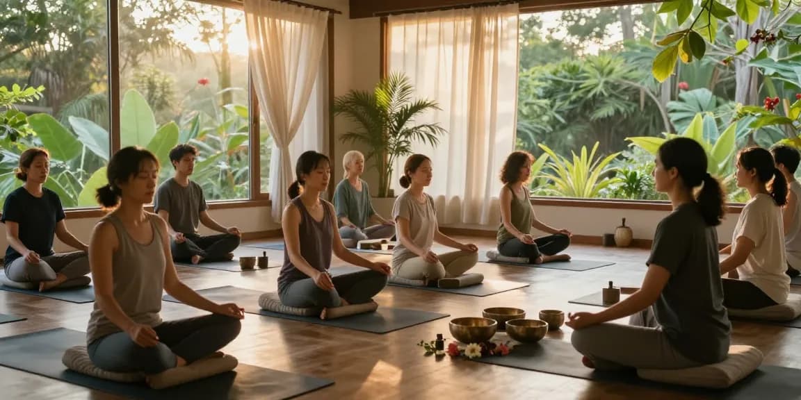 Morning meditation session in a serene yoga ashram with diverse practitioners.