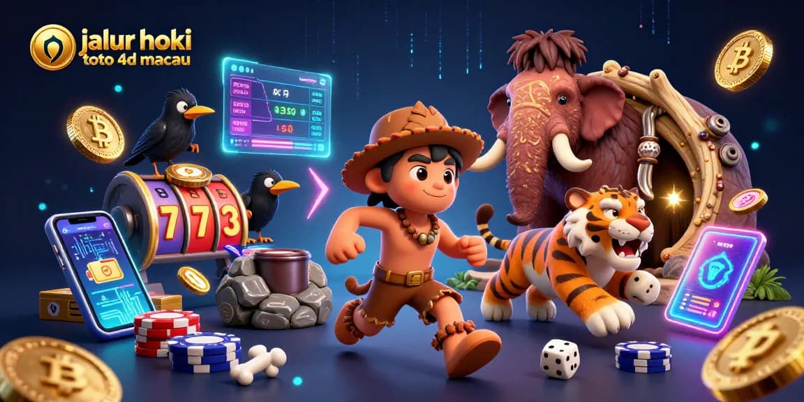 Bet on jalur hoki toto 4d macau in a vibrant prehistoric casino scene filled with energetic characters and elements.