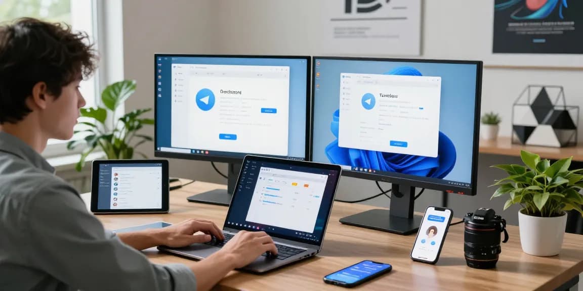 Engaged professional configuring 纸飞机中文版 in modern workspace, showcasing tech gadgets and vibrant atmosphere.
