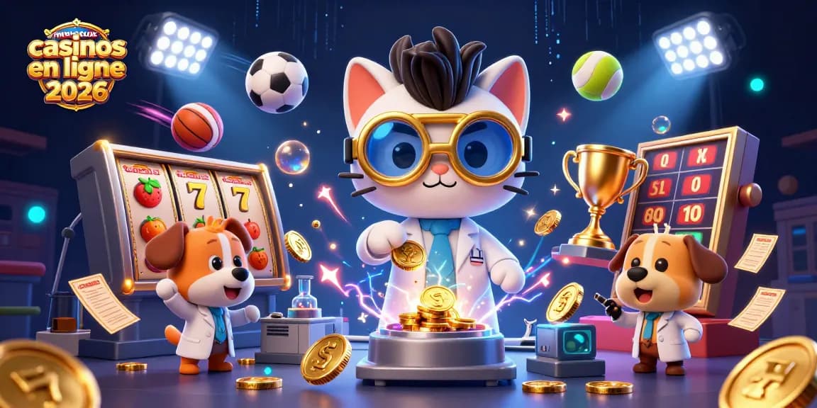 Illustration captivante des nouveaux casinos en ligne 2026 avec un chat scientifique et des éléments de jeu