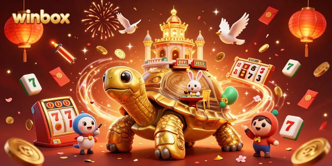 Winbox engages players with a vibrant scene featuring a golden tortoise, a rabbit dealer, and slot games.