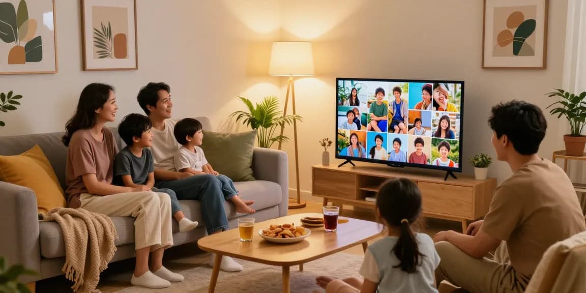 Family enjoying time together around a smart digital photo frame in a cozy living room.