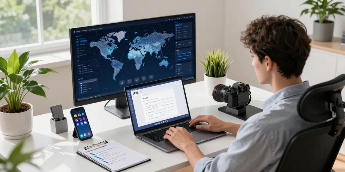 快连 software interface on a modern workspace laptop, showcasing innovative network solutions.