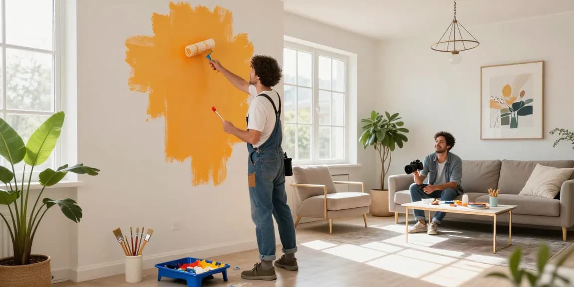Painting services showcased in a stylish living room where a painter transforms the space with vibrant colors, reflecting professionalism.