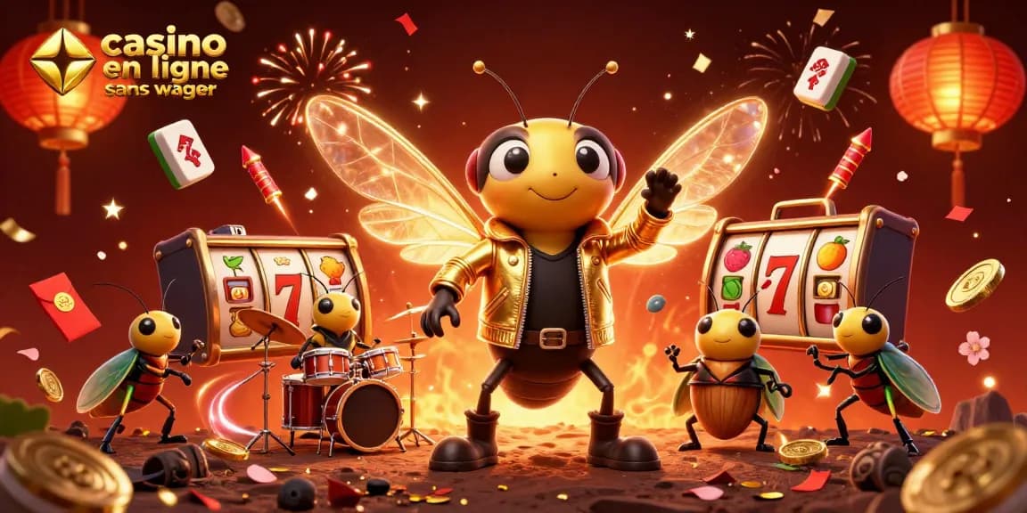 Illustration dynamique représentant une star du rock cicada et une batterie en jouant dans un casino en ligne sans wager.