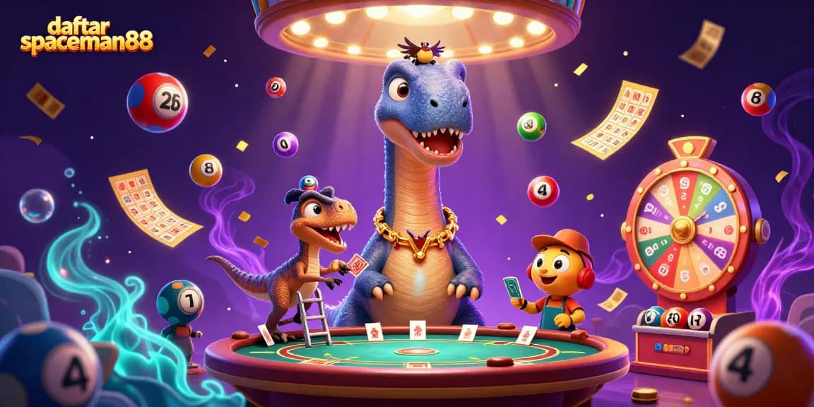 Engage in daftar spaceman88 with vibrant casino elements featuring a towering brontosaurus, lively lottery balls, and a clever raptor.
