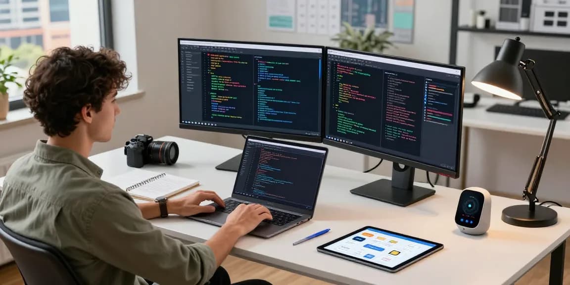 What are the Essential tools for AI in a modern workspace with dual monitors, programming, and urban view