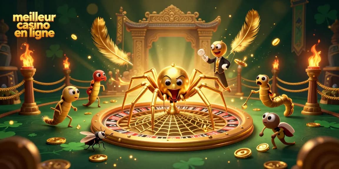 Le meilleur casino en ligne offre une expérience immersive avec une araignée dorée au centre d'une roulette, parsemée de pièces d'or.