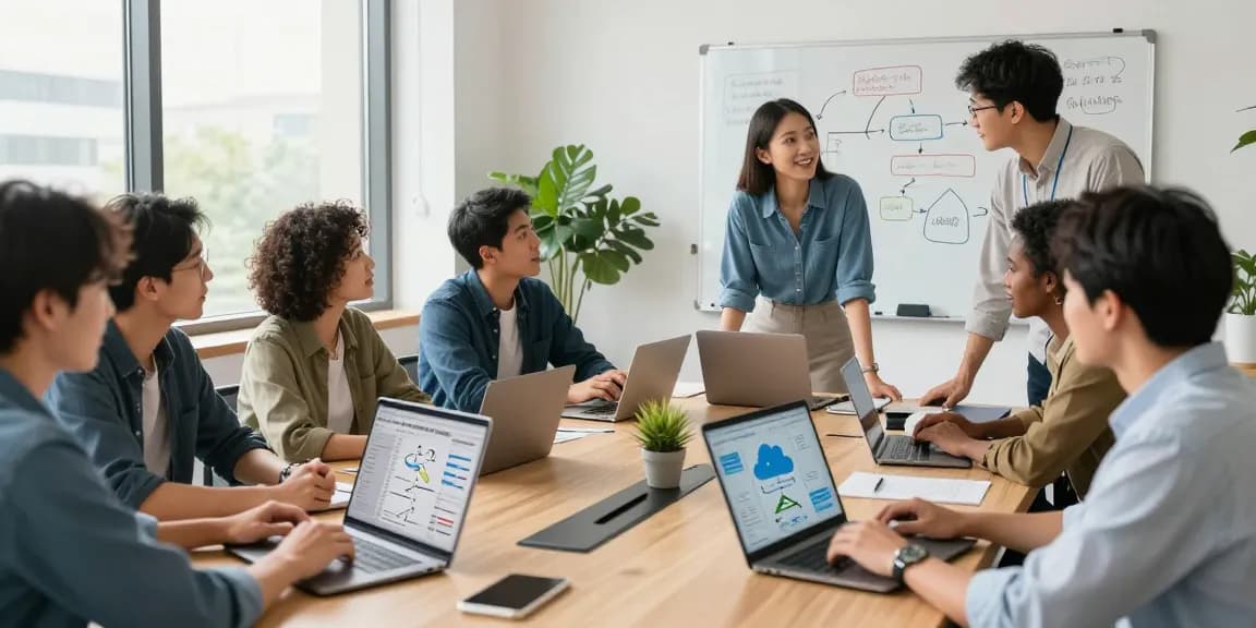 Collaboration scene showcasing cloud telephony solutions for מרכזיה לעסקים in a modern office setting.