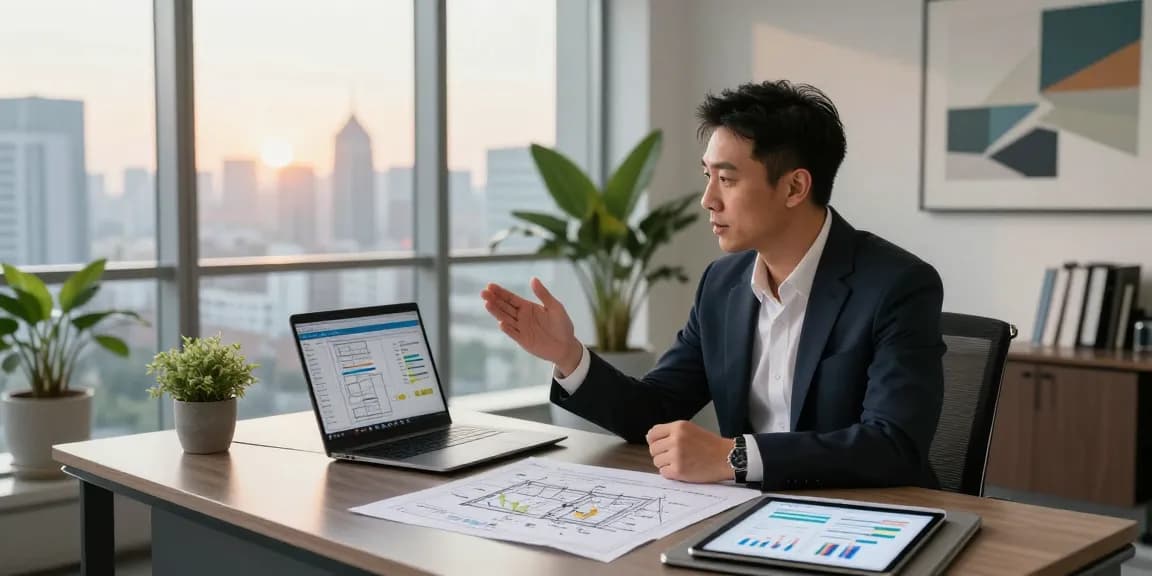 Terry Hui discussing investment strategies in a modern real estate office.