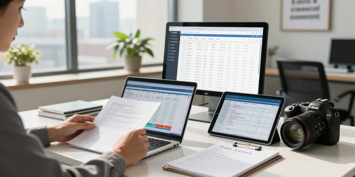 Rental Property Accountant reviewing tax documents with calculator in professional office setting.