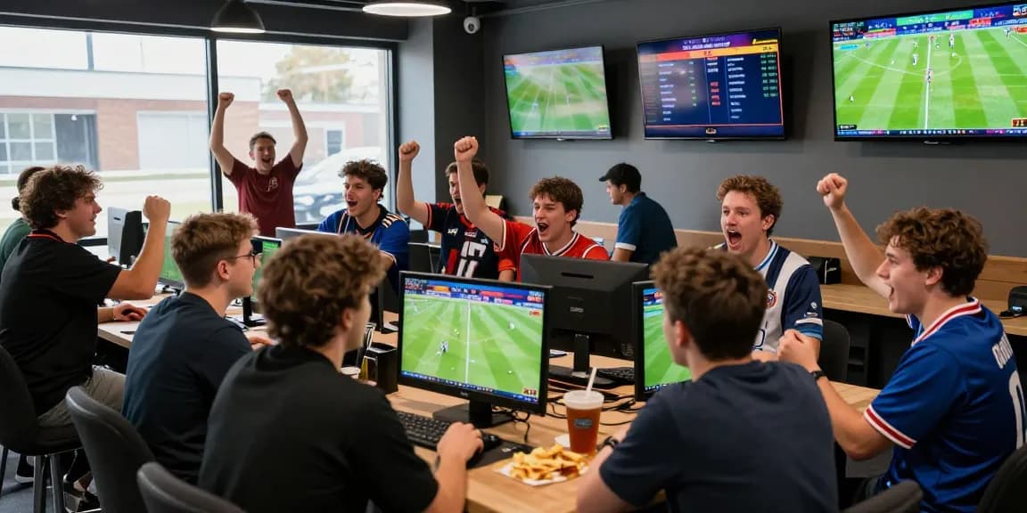 Exciting sports betting lounge scene with friends discussing Prediksi Bola Malam Ini amidst live match screens.
