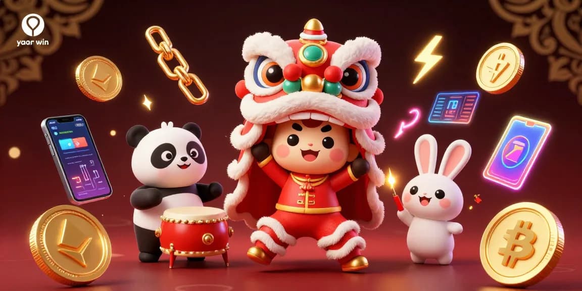 Experience the excitement of yaar win with lively 3D characters and vibrant crypto elements in a dynamic casino scene.