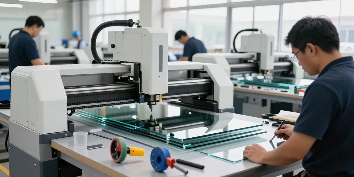 Technicians using advanced glass cutting machines in a modern industrial setting.