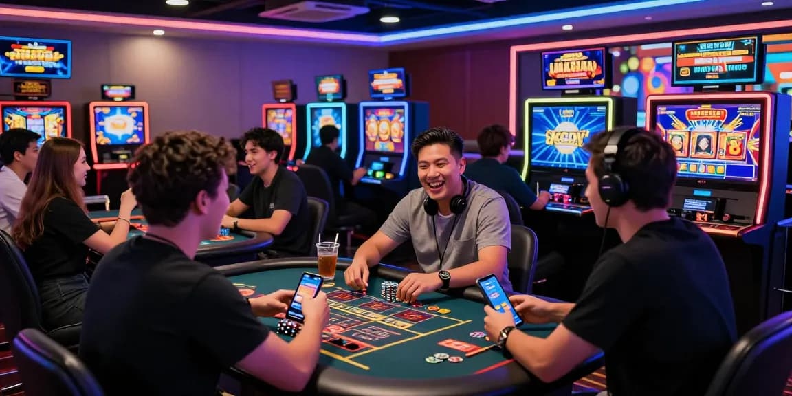 Exciting slot gacor online casino scene with players celebrating wins and engaging in vibrant games.