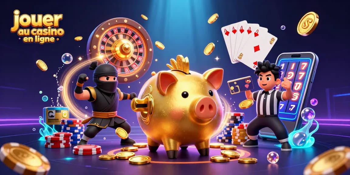 Visualisation amusante de personnages interactifs représentant le jeu de jouer au casino en ligne avec des pièces d'or et des cartes brillantes.