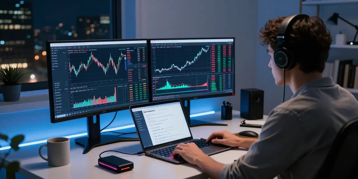 Cricbet99 cryptocurrency trading setup with monitors showing Bitcoin and Ethereum prices and DeFi yield dashboard in secure office.